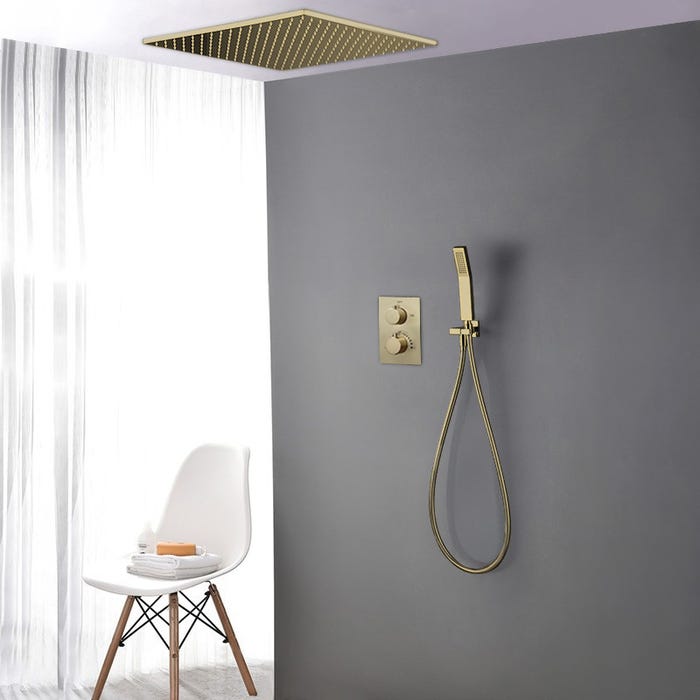 Système de douche thermostatique encastré au plafond - Doré brossé 2