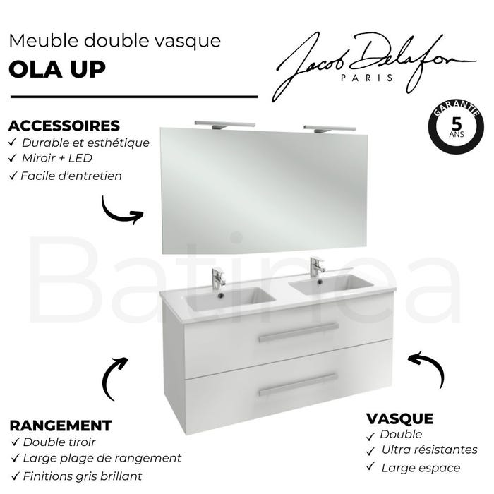 Meuble double vasque JACOB DELAFON Ola Up + colonne de salle de bain + miroir et spots | Blanc brillant 3