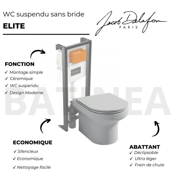 WC suspendu sans bride Jacob Delafon Struktura + abattant + Bati support  autoportant + Even Plaque de commande WC carré blanc