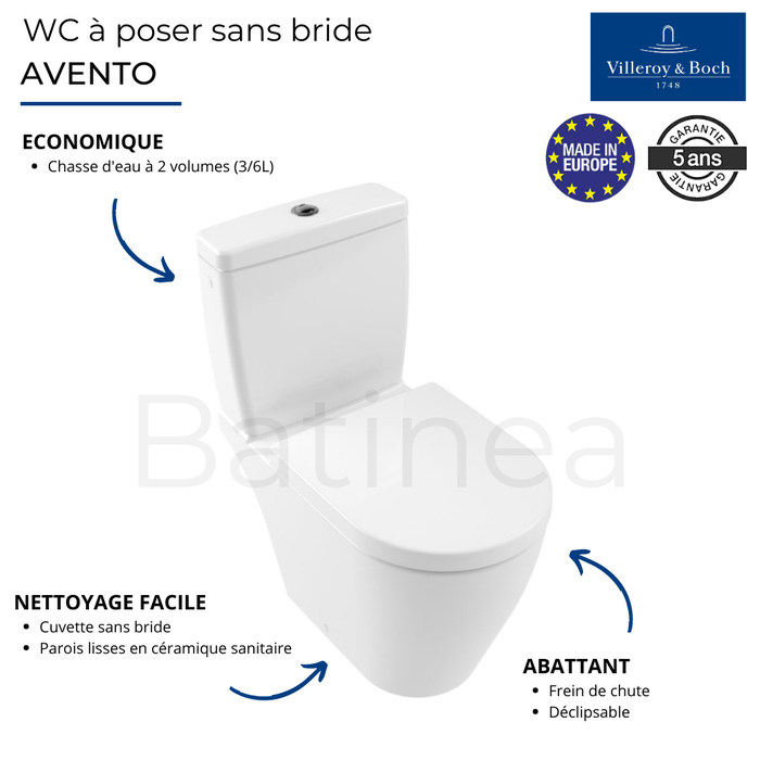 WC à poser sans bride VILLEROY ET BOCH Avento avec abattant frein de chute déclipsable + nettoyant Briochin 2
