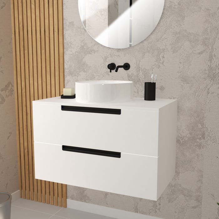 Meuble salle de bains 80 cm Blanc Laqué à suspendre - 2 tiroirs - Vasque Blanche Ø36 cm 0