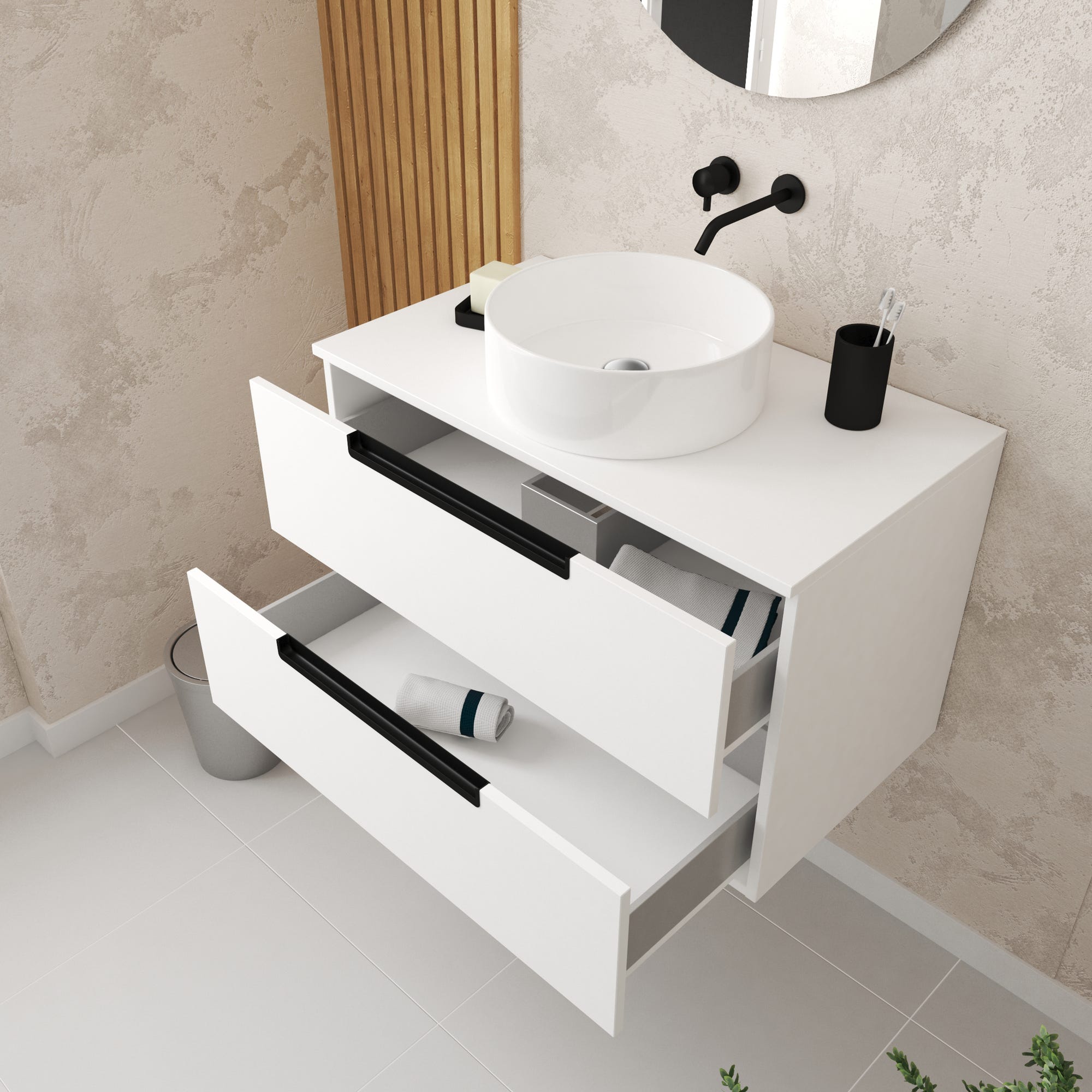 Meuble salle de bains 80 cm Blanc Laqué à suspendre - 2 tiroirs - Vasque Blanche Ø36 cm 1
