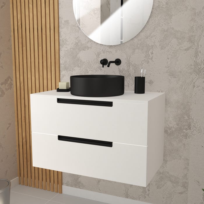 Meuble salle de bains 80 cm Blanc Laqué à suspendre - 2 tiroirs - Vasque Noire Ø36 cm 0