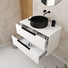 Meuble salle de bains 80 cm Blanc Laqué à suspendre - 2 tiroirs - Vasque Noire Ø36 cm 1