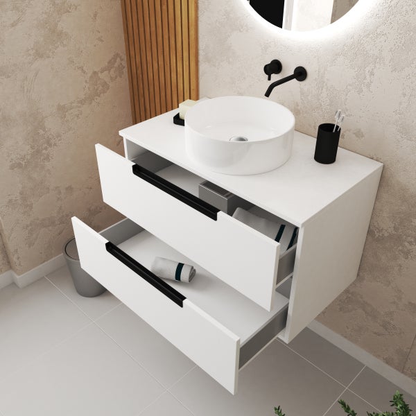 Meuble salle de bains 80cm Blanc Laqué 2 tiroirs - Vasque Blanche Ø36cm et Miroir  Rond à Led ❘ Bricoman