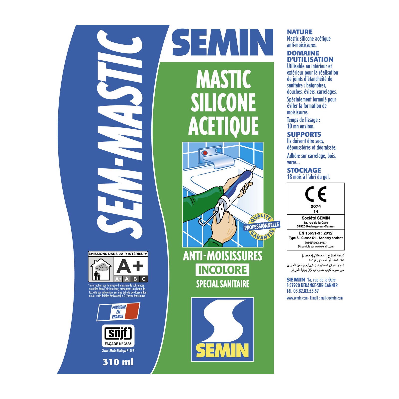 Lot de 3 silicones acétique sanitaire incolore pour les joints d'étanchéité anti moisissures Semin - intérieur - cartouche de 310 ml 3