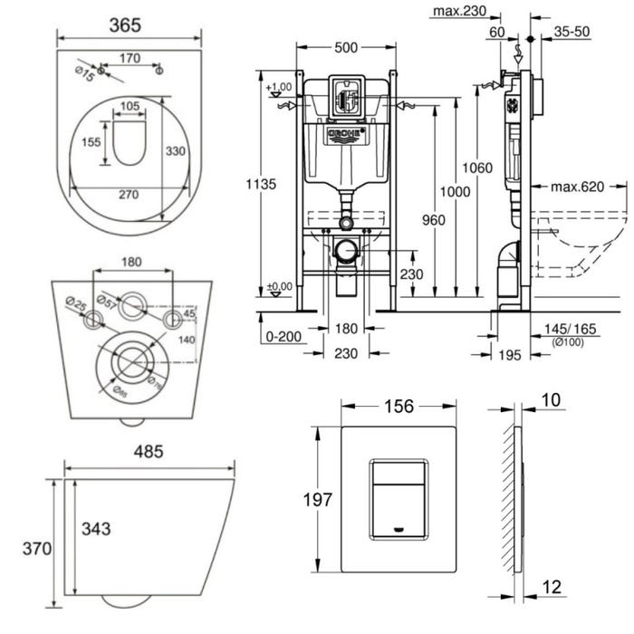 Grohe Pack WC Bâti autoportant + WC sans bride SAT + Abattant frein de chute + Plaque Blanc Alpin (ProjectInfinitio-4) 4