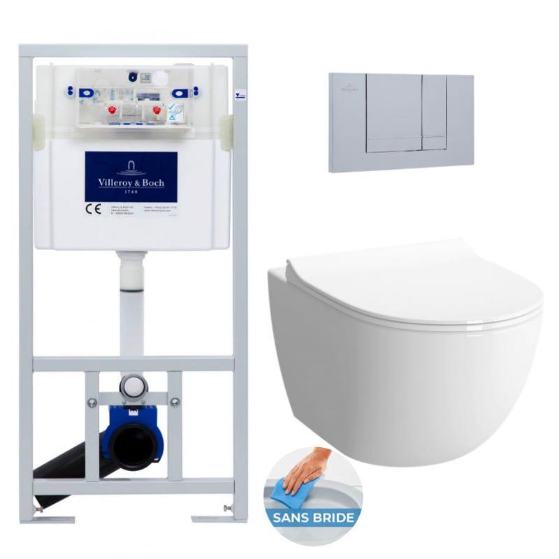 Villeroy & Boch Pack WC Bâti-support ViConnect + WC sans bride Sento SmoothFlush + Abattant softclose + Plaque chrome mat 0