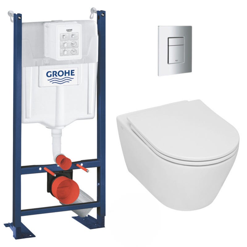 Grohe Pack WC Bâti-support Rapid SL autoportant + WC sans bride Serel, fixations invisibles + abattant softclose + Plaque Chrome 0