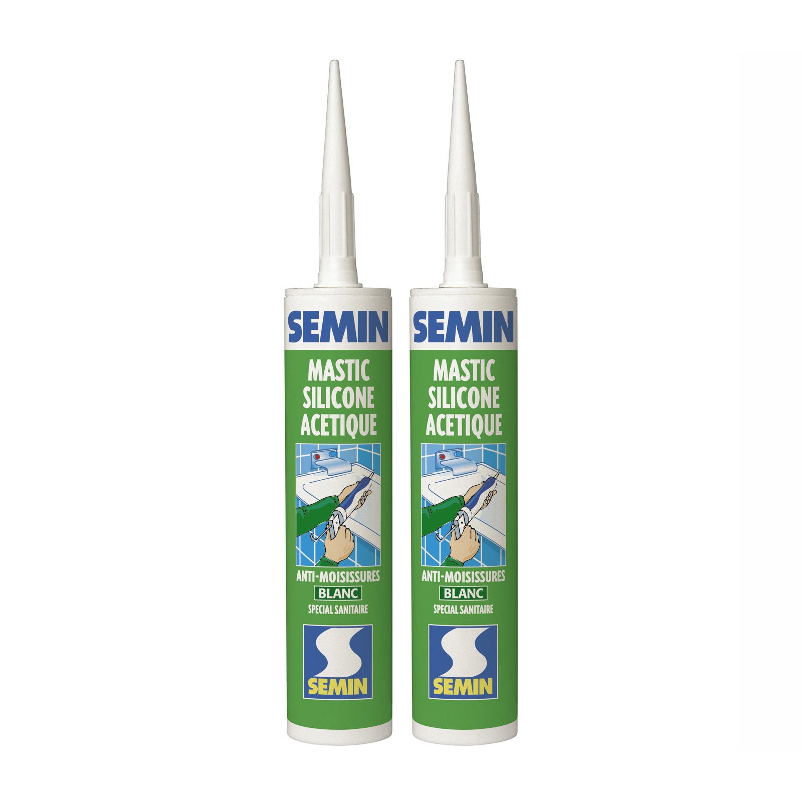 Lot de 2 silicones acétique sanitaire blanc pour les joints d'étanchéité anti moisissures Semin - intérieur - cartouche de 310 ml 0