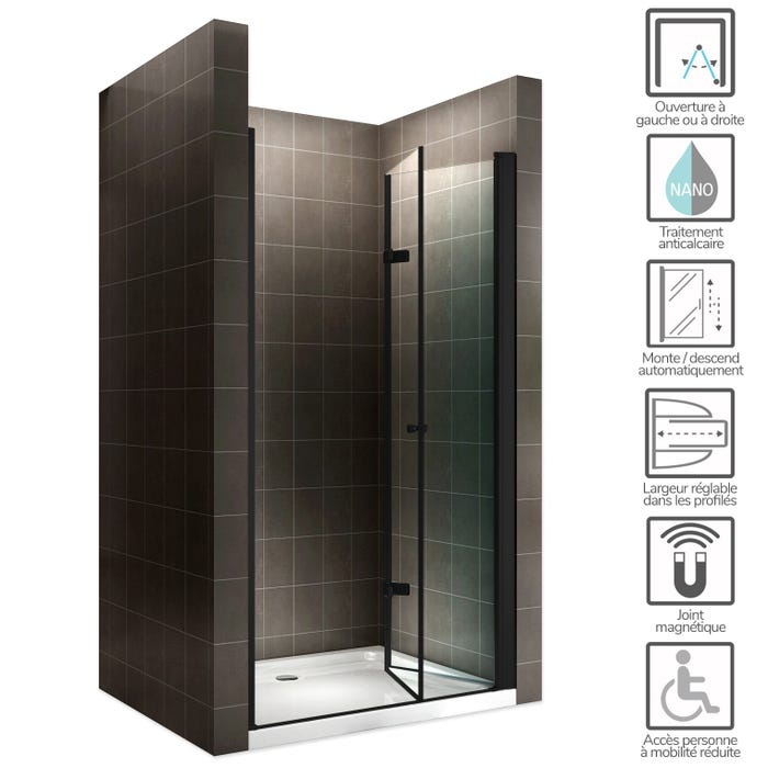 MONABLACK Porte de douche pliante H 195 cm noir largeur réglable de 96 à 100 cm verre 6 mm transparent 1