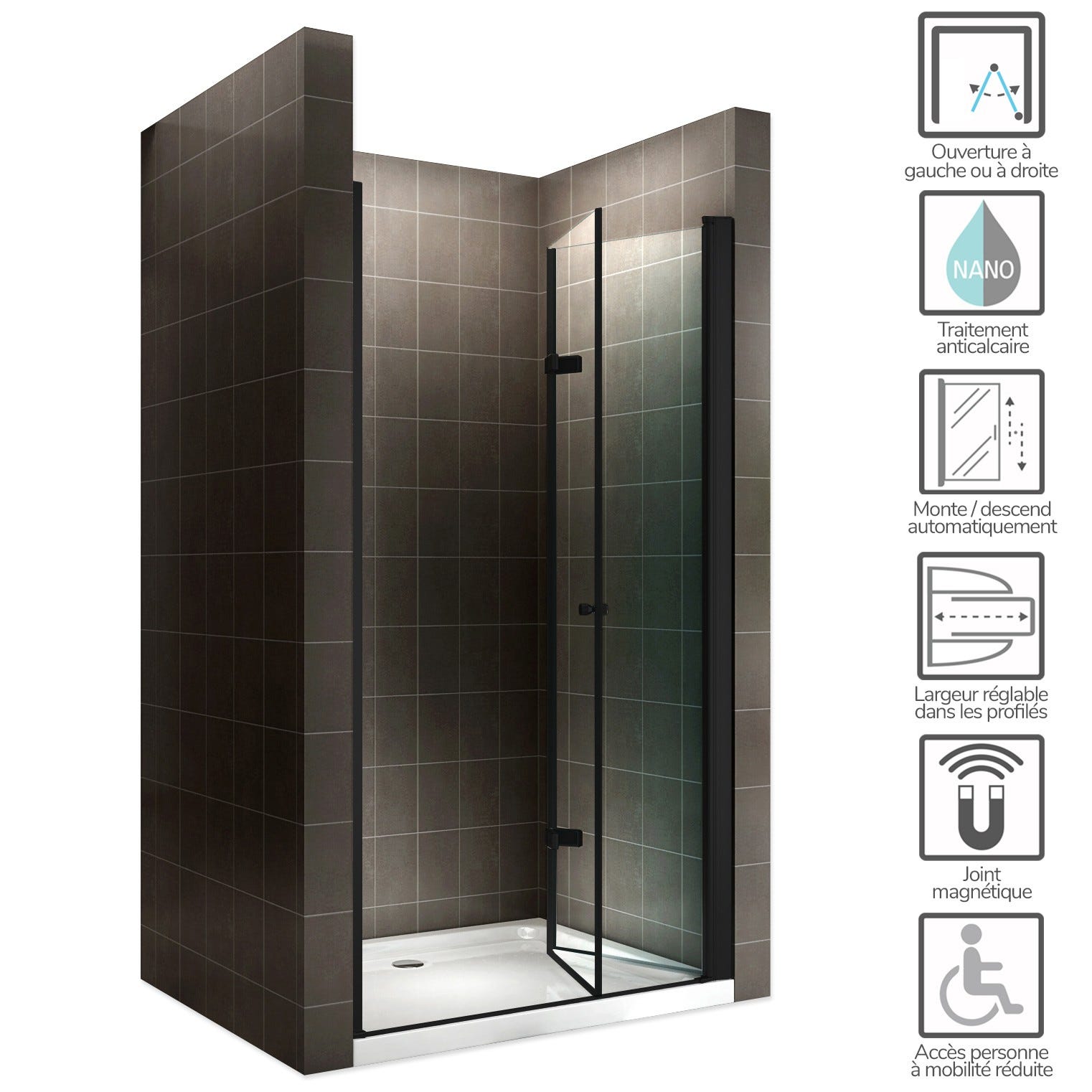 MONABLACK Porte de douche pliante H 195 cm noir largeur réglable de 72 à 76 cm verre 6 mm transparent 1