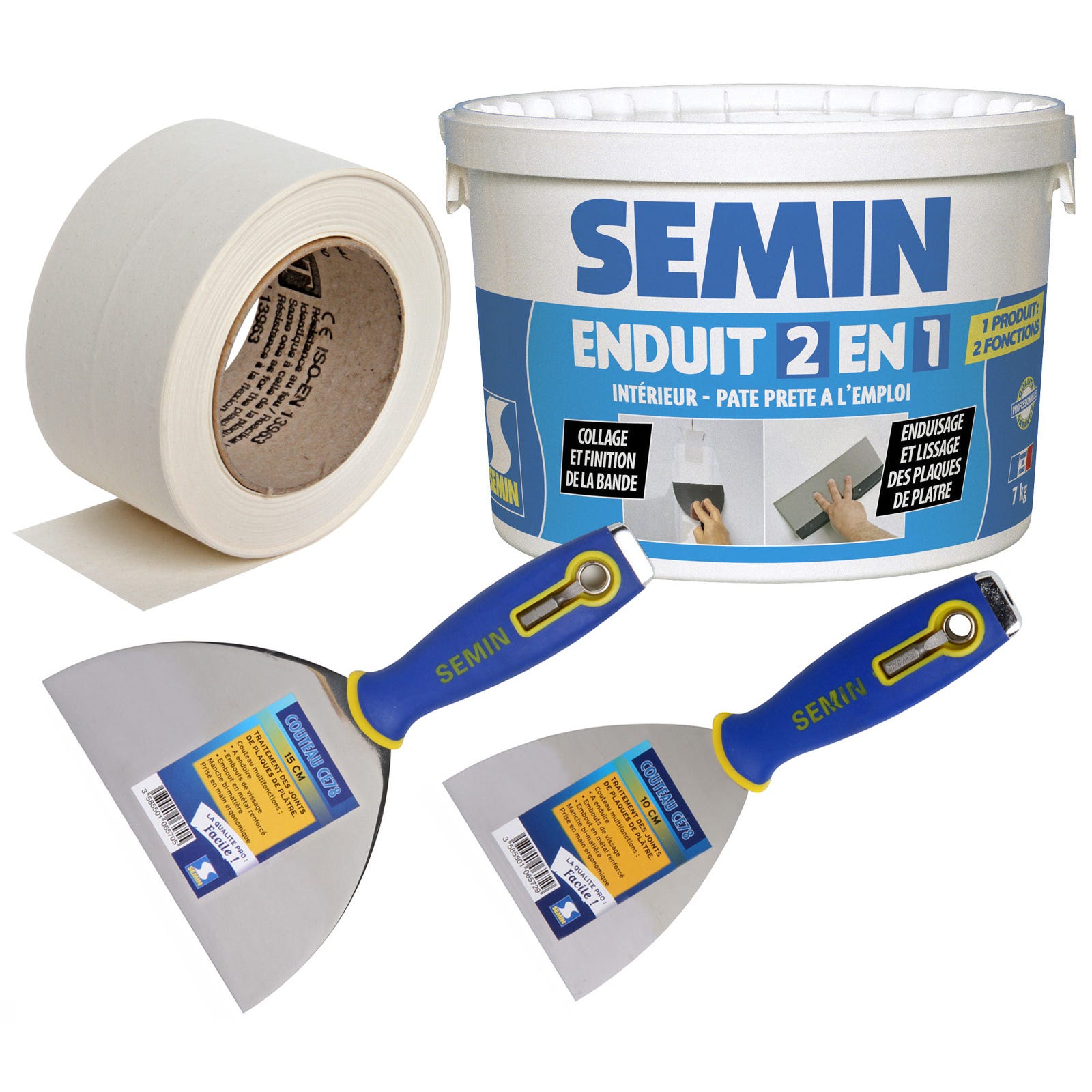Pack Semin comprenant 1 bande à joint papier, 23 m, 1 enduit 2 en 1 multifonctions - seau de 7 kg et 2 couteaux à enduire 10 & 15 cm 0