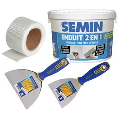 Pack Semin comprenant 1 bande grillagée adhésive pour joints, 20 m, 1 enduit 2 en 1 multifonctions - seau de 7 kg et 2 couteaux à enduire 10 & 15 cm 0