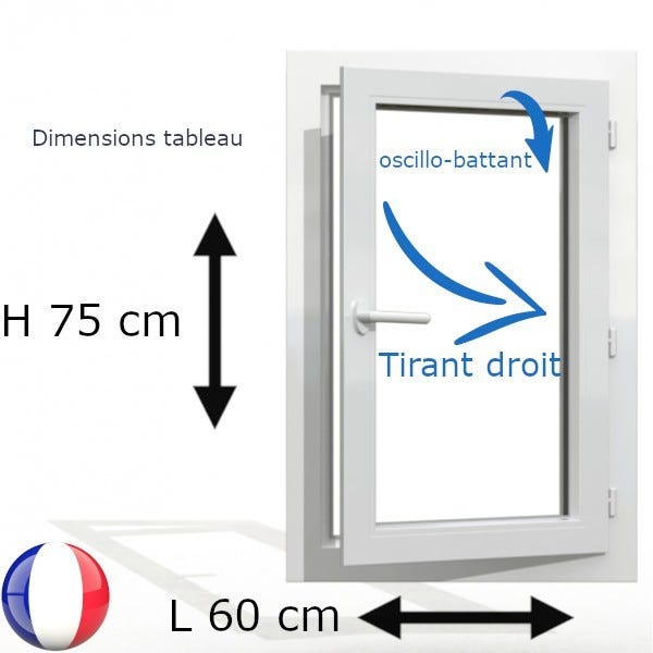 Fenêtre PVC 1 vantail H 75 x L 60 cm OB avec poignée tirant droit 0