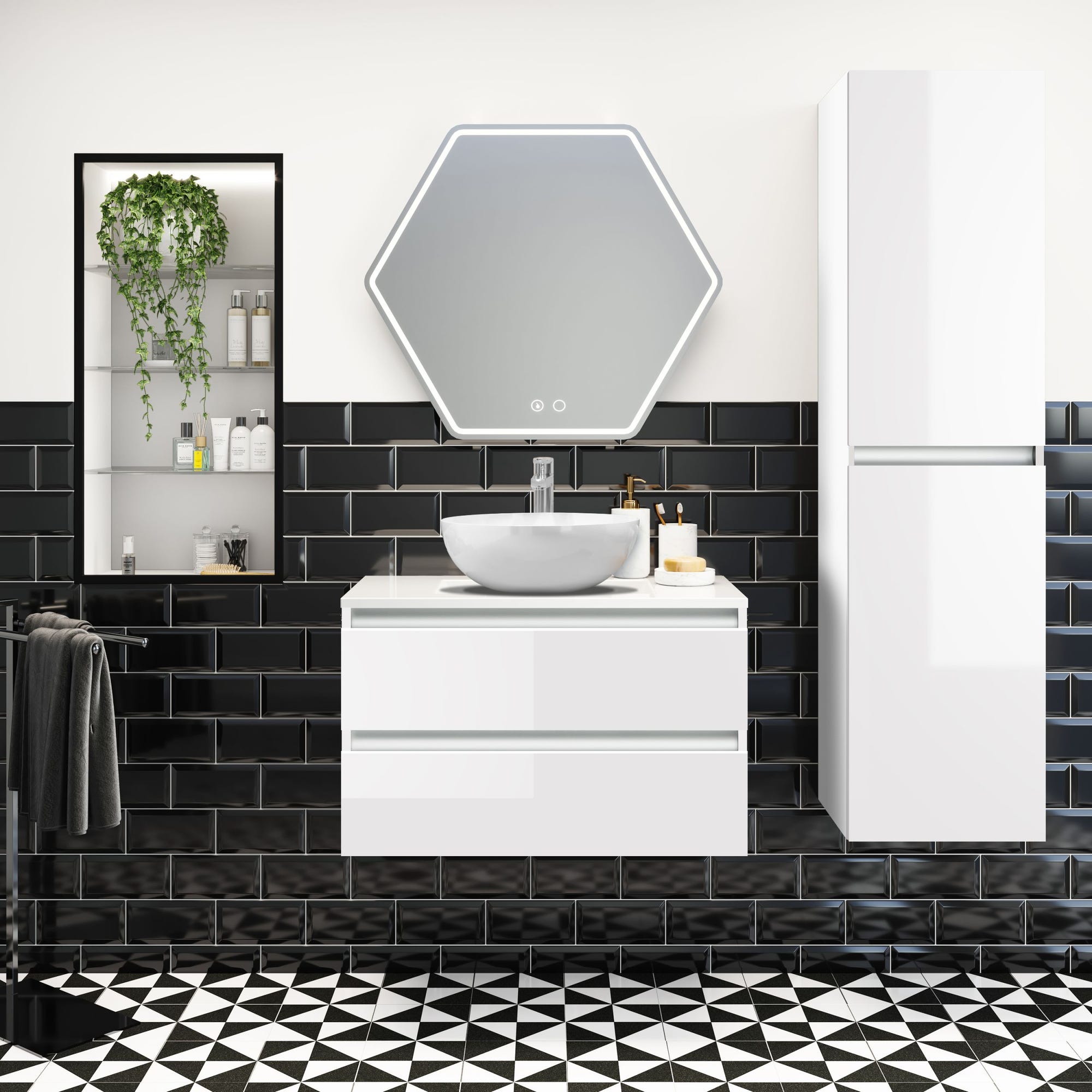 Meuble de salle de bain PESARO 80cm + plan vasque à poser + colonne Blanc Alpin Brillant 1