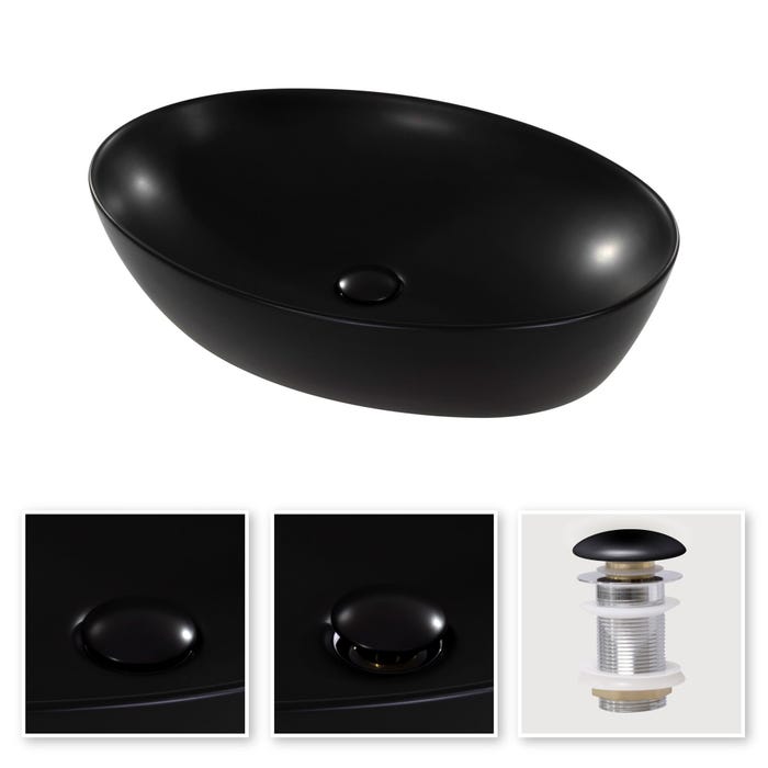 RAVELLO Vasque céramique ovale à poser 61 x 41 cm noir brillant 2