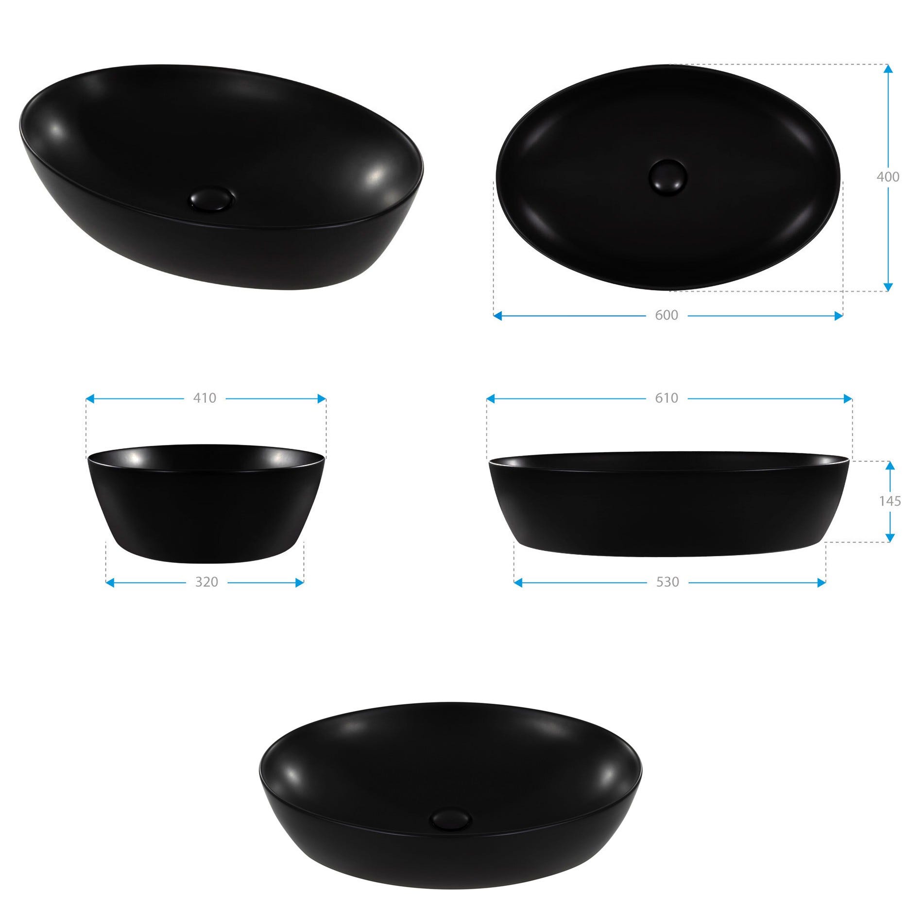 RAVELLO Vasque céramique ovale à poser 61 x 41 cm noir brillant 4