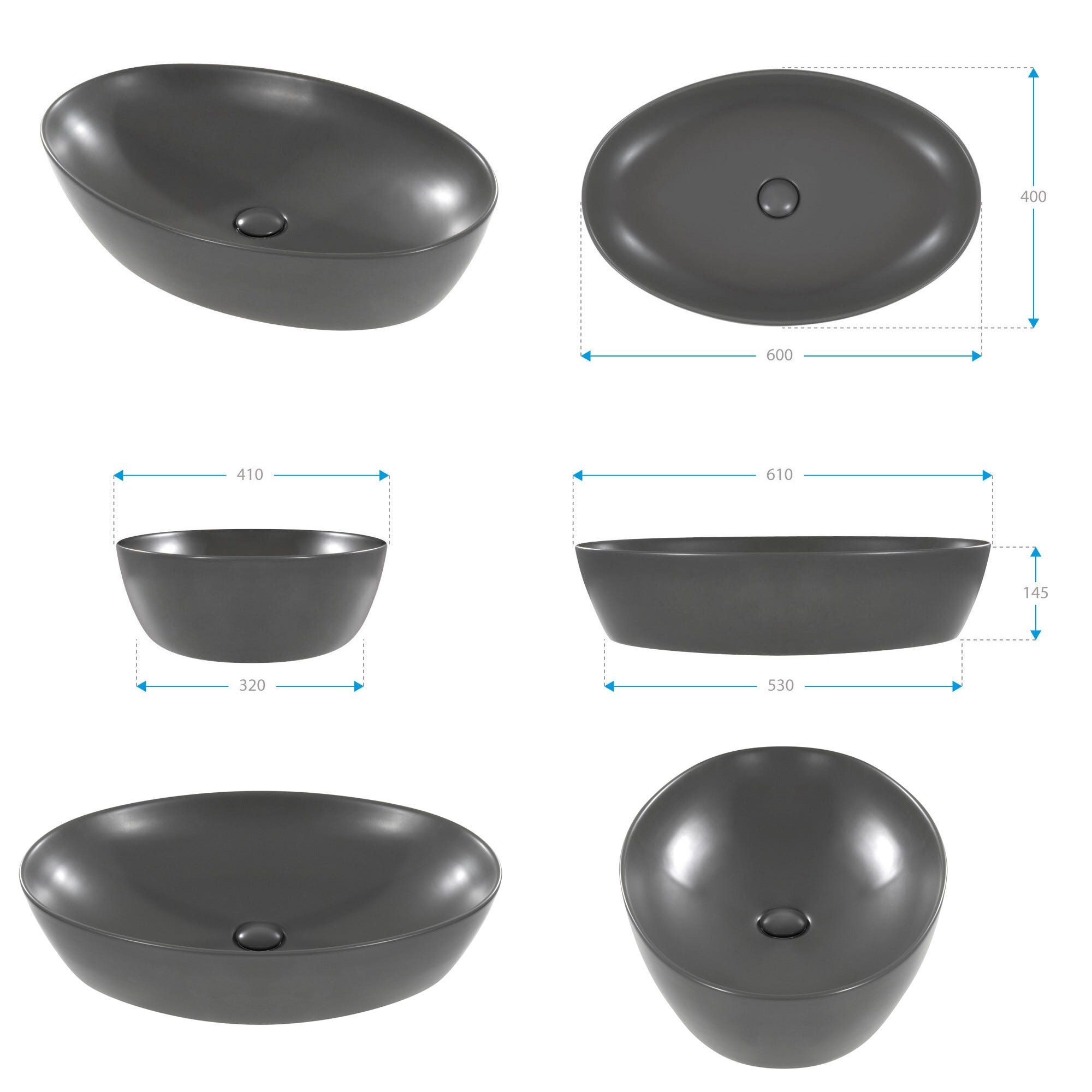 RAVELLO Vasque céramique ovale à poser 61 x 41 cm gris mat 4