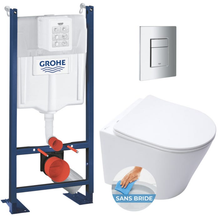 Grohe Pack WC Bâti autoportant + WC blanc mat sans bride Infinitio + Abattant frein de chute + Plaque chrome, ProjectInfinitioMat-1 0