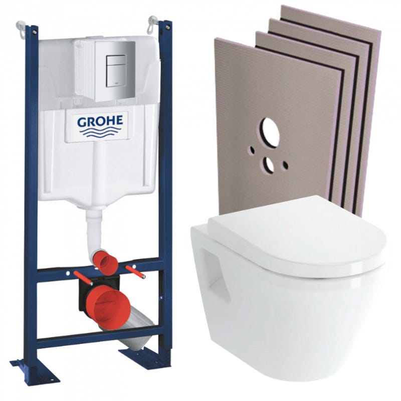 Grohe Pack WC Bâti Autoportant Rapid SL + WC suspendu Integra avec abattant + Set habillage + Plaque chrome mat 0
