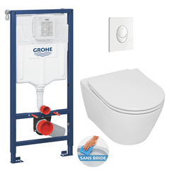 Grohe Pack WC Bâti-support Rapid SL + WC sans bride Serel SP26, fixations invisibles + abattant softclose + Plaque blanc alpin 3