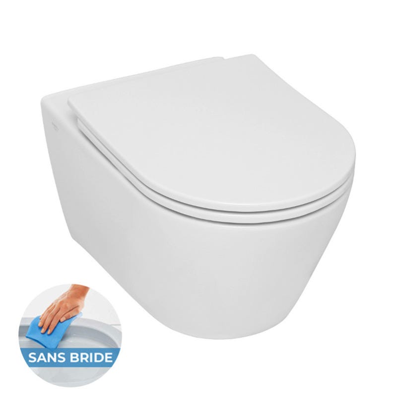 Grohe Pack WC Bâti-support Rapid SL + WC sans bride Serel SP26, fixations invisibles + abattant softclose + Plaque blanc alpin 4