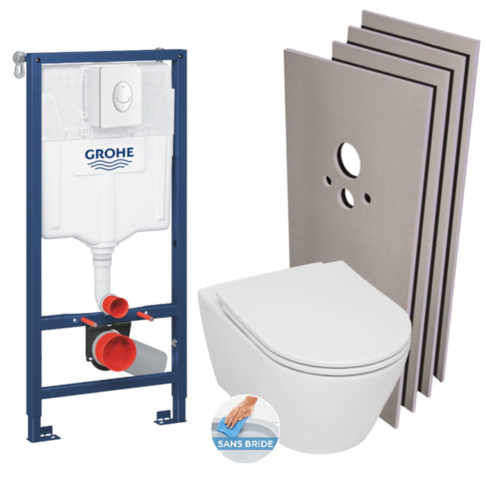 Grohe Pack WC Bâti-support Rapid SL + WC sans bride Serel SP26 + abattant softclose + Plaque blanc alpin + Set d'habillage 1