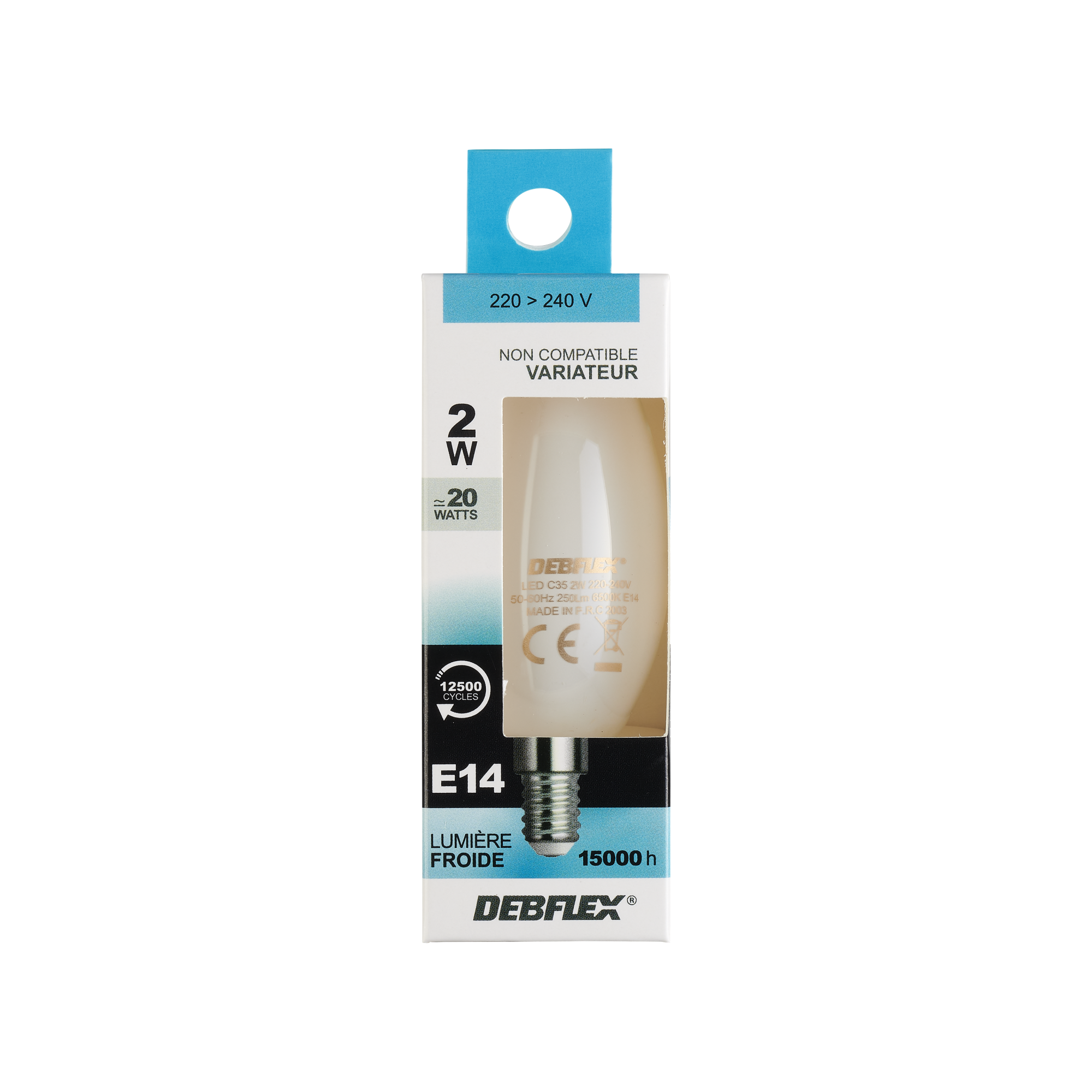 AMPOULE C35 FILAMENT VERRE BLANC E14 2W 6500K 250LM