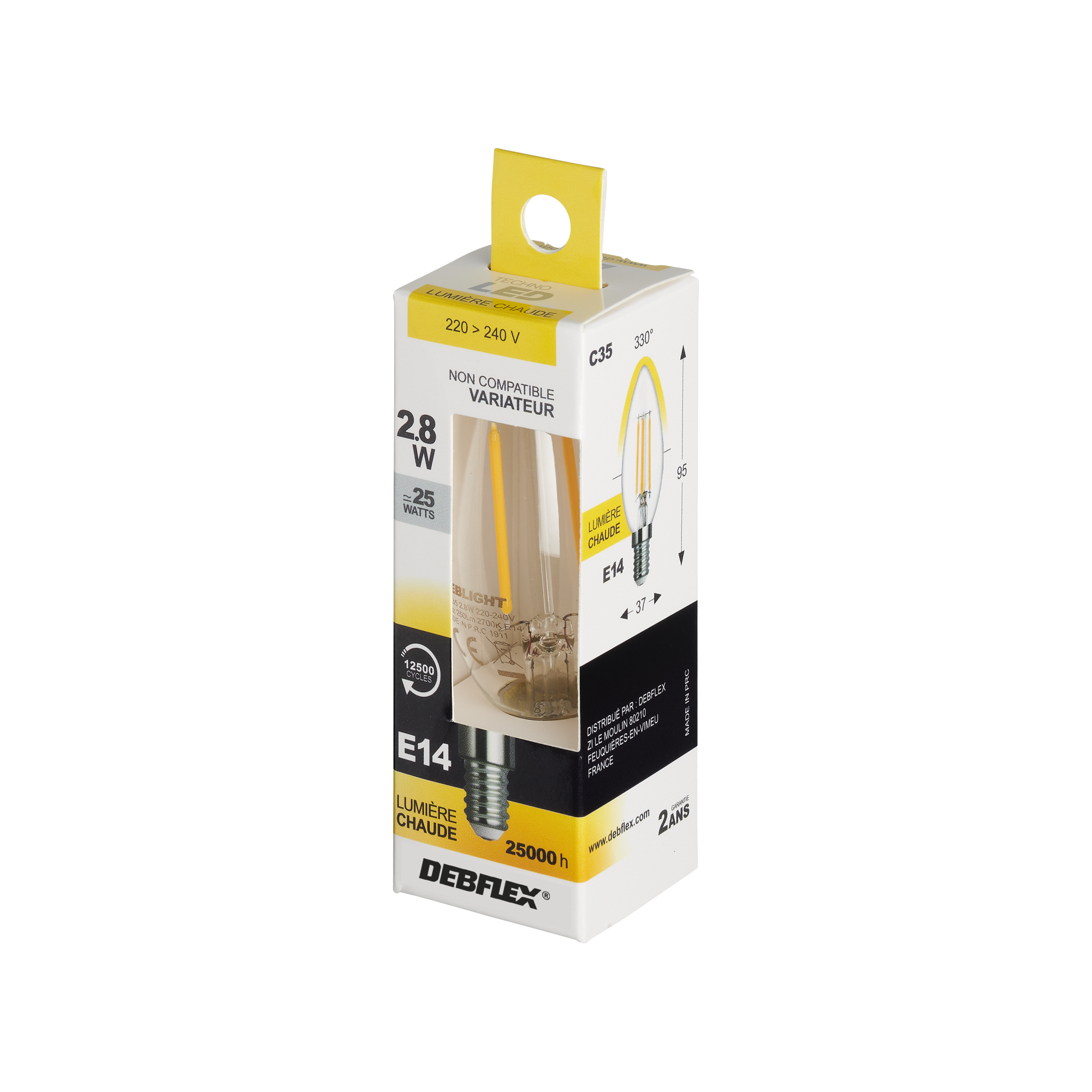 AMPOULE C35 FILAMENT VERRE TRANSPARENT E14 2,8W 2700K 250LM