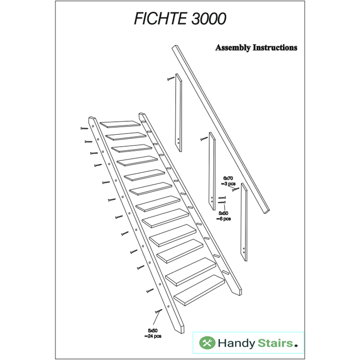HandyStairs escalier droite "Fichte" - Largeur 55cm - Hauteur 286cm - 12 marches en pin - Avec main courante 2