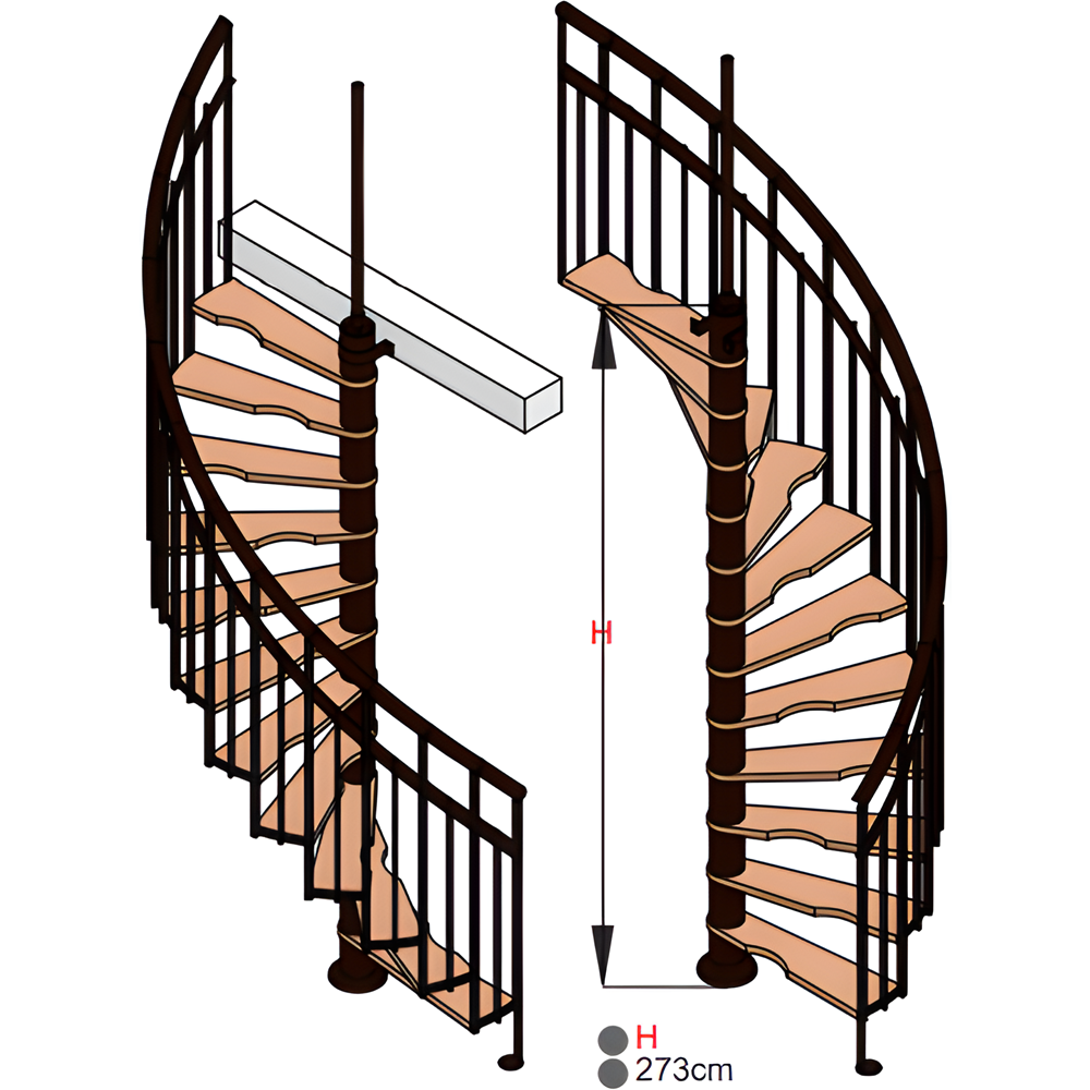 HandyStairs escalier colimaçon "Siena" - Ø 145 cm - Charnière à droite - Hauteur 273 cm - 12 marches en hêtre - Noir 1