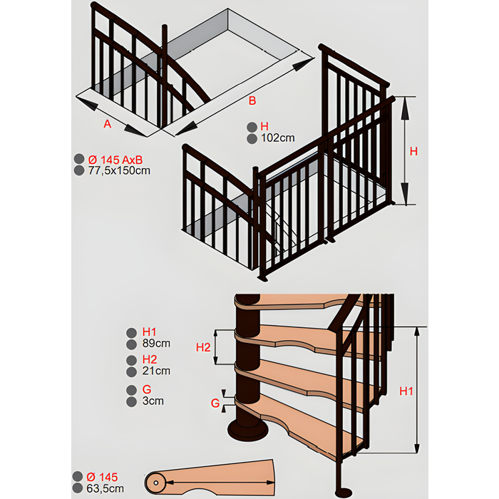 HandyStairs escalier colimaçon "Siena" - Ø 145 cm - Charnière à droite - Hauteur 273 cm - 12 marches en hêtre - Noir 2