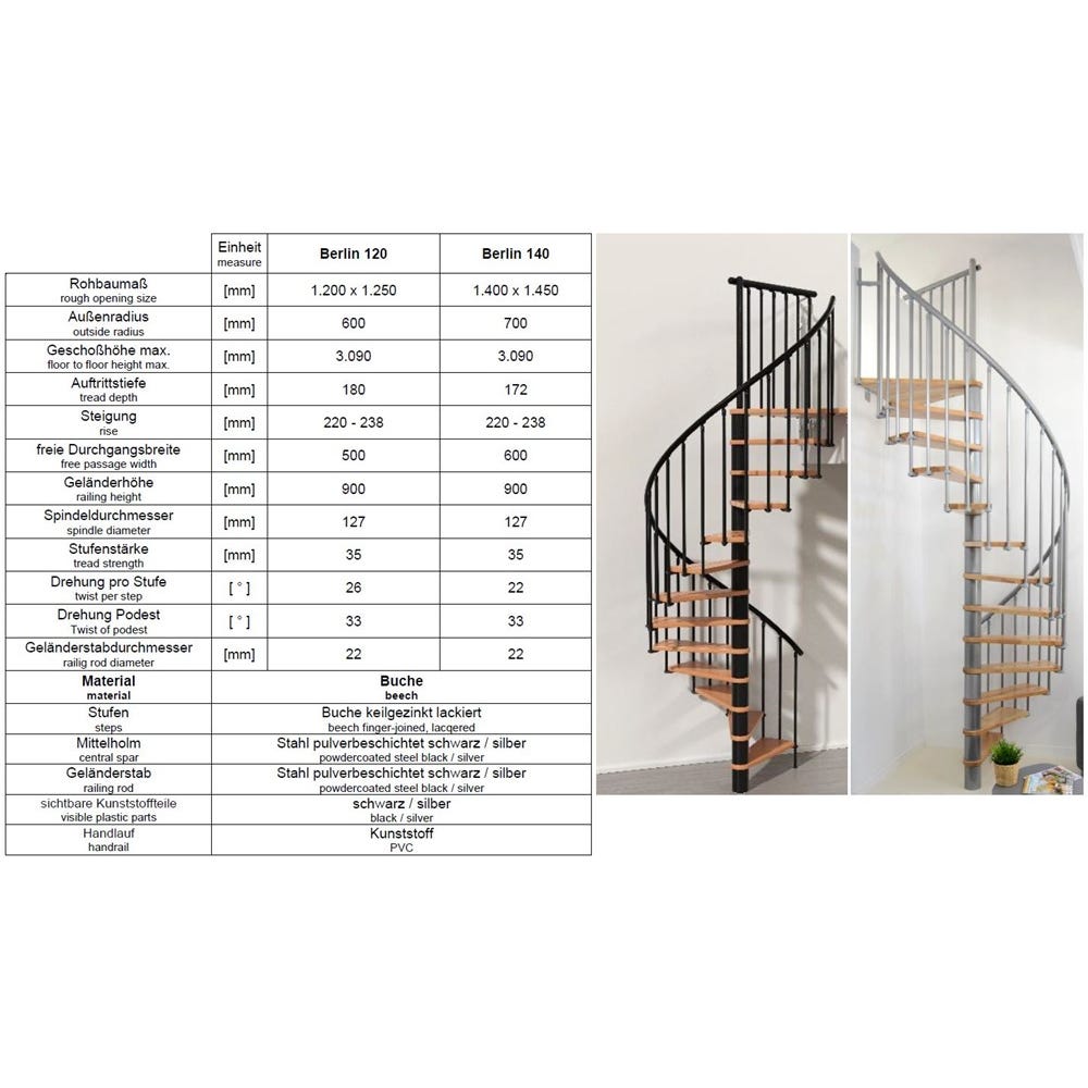 Escalier en colimaçon cadence - diamètre 120cm - métal gris avec marches en hêtre et rampe en PVC 3