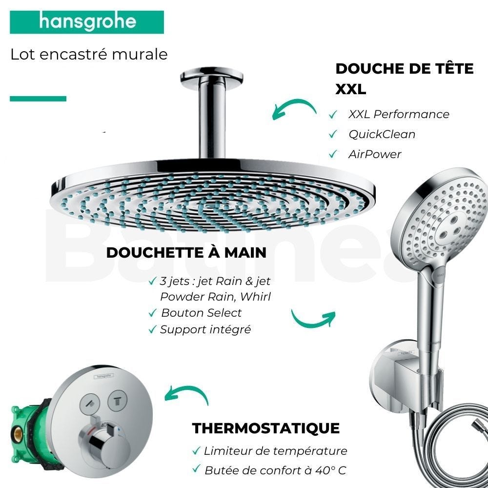 Lot robinet douche encastré thermostatique HANSGROHE Ecostat S + Douche de tête Raindance S 300 fixation plafond 4