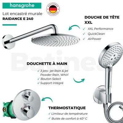 Lot robinet douche encastré thermostatique HANSGROHE Ecostat S + Douche de tête Raindance S 240 Design rond 8