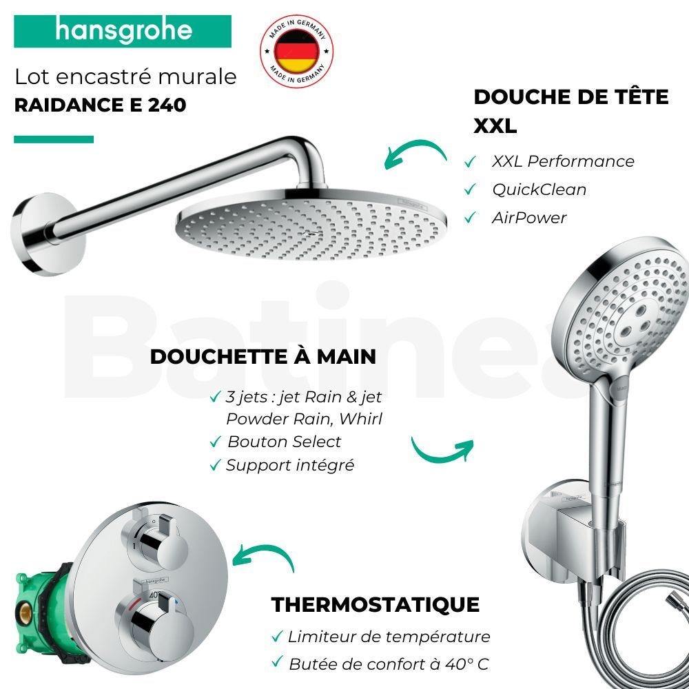 Lot robinet douche encastré thermostatique HANSGROHE Ecostat S + Douche de tête Raindance S 240 Design rond 3