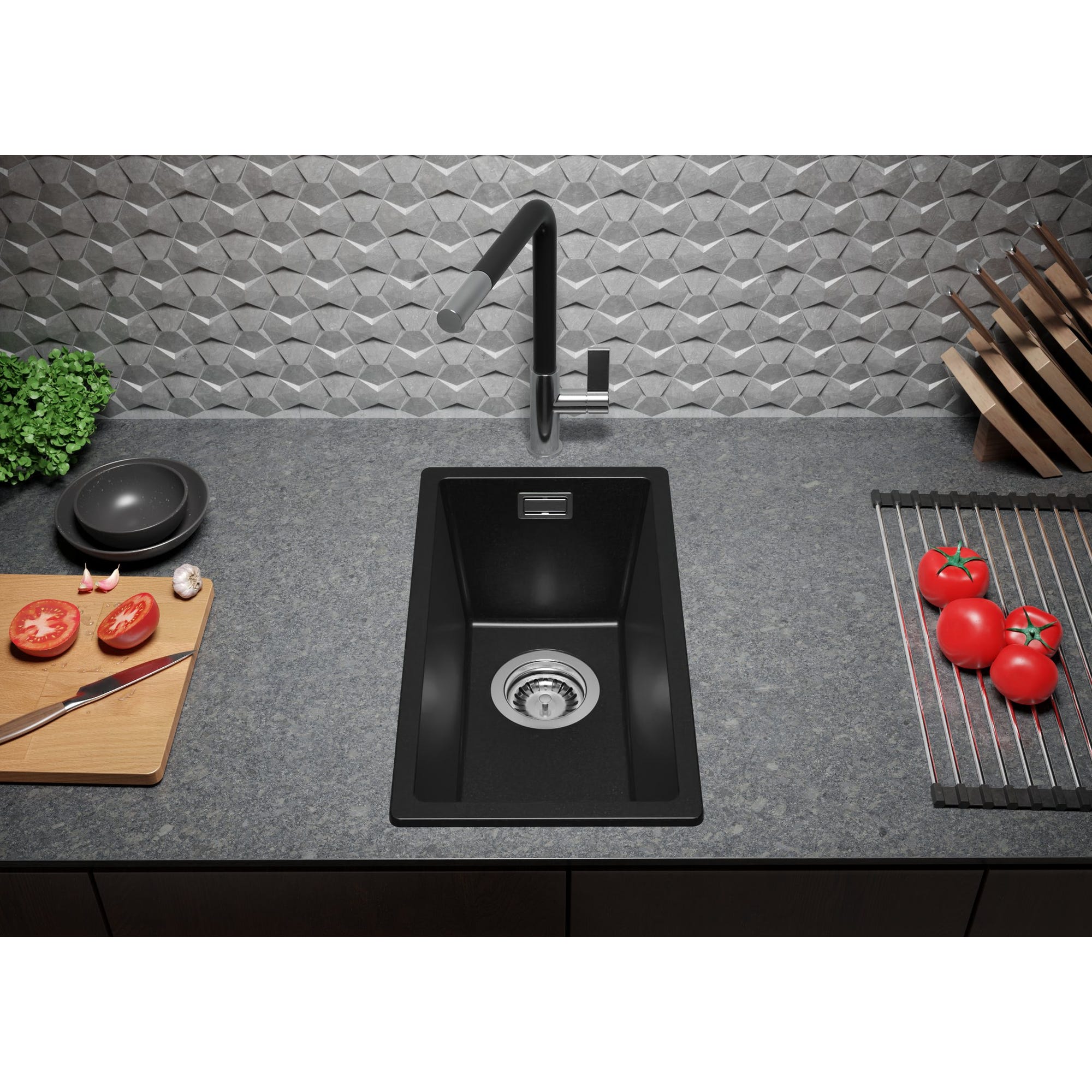 Evier Cuisine en Granit Noir, 26 x 47 cm, Lavabo 1 bac + Kit de Vidage, Évier à Encastrer de Primagran 3