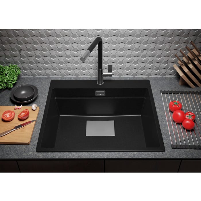 Evier Cuisine en Granit Noir, 58 x 53 cm, Lavabo 1 bac + Kit de Vidage, Évier à Encastrer de Primagran 2