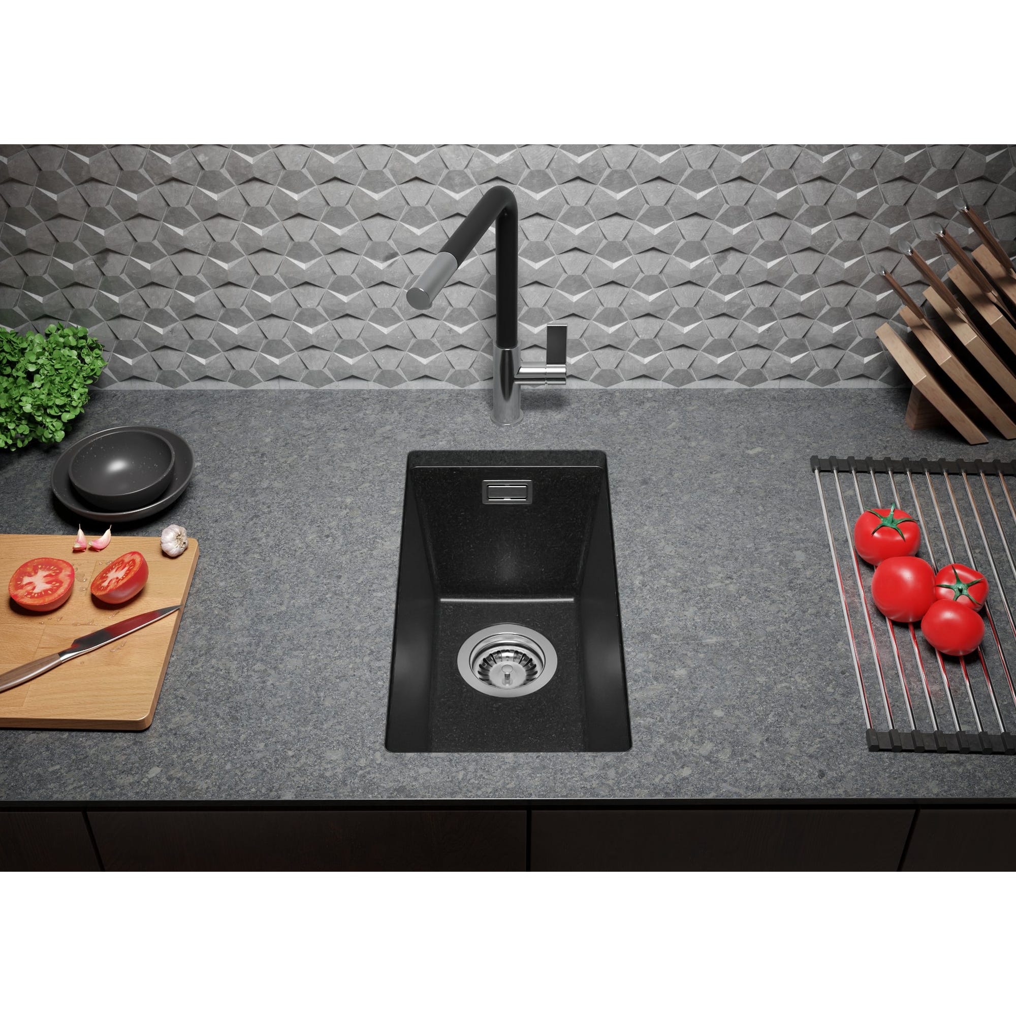 Evier Sous Plan Graphite, 26 x 47 cm, Evier en Granit 1 bac + Kit de Vidage, Lavabo Cuisine de Primagran 3