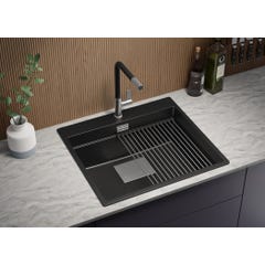 Evier Cuisine en Granit Noir Metallic, 58 x 53 cm, Lavabo 1 bac + Kit de Vidage, Évier à Encastrer de Primagran 1