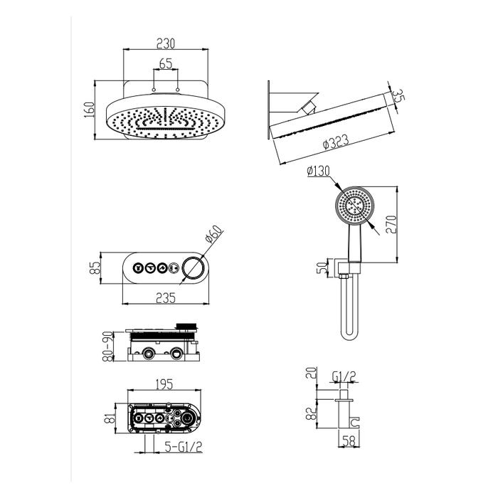 Pack mitigeur thermostatique de douche encastrée ronde cascade - Gun métal 4