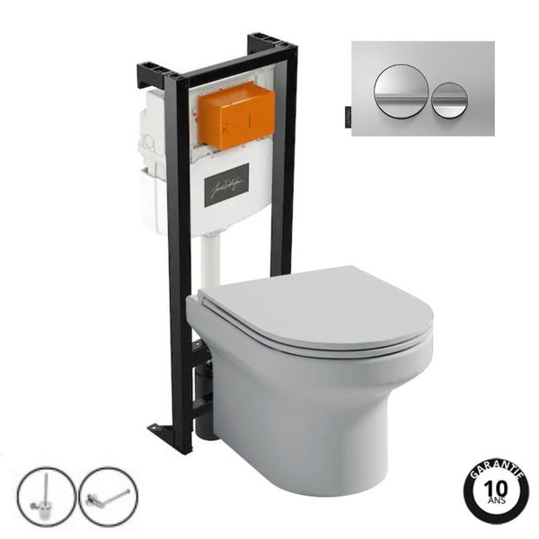 Pack WC suspendu sans bride JACOB DELAFON Elite + bâti-support + plaque Chrome brillant/Chrome mat + accessoires 0