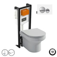 Pack WC suspendu sans bride JACOB DELAFON Elite + bâti-support + plaque Chrome brillant/Blanc mat + accessoires