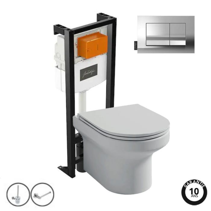 Pack WC suspendu sans bride JACOB DELAFON Elite + bâti-support + plaque Chrome + accessoires 0