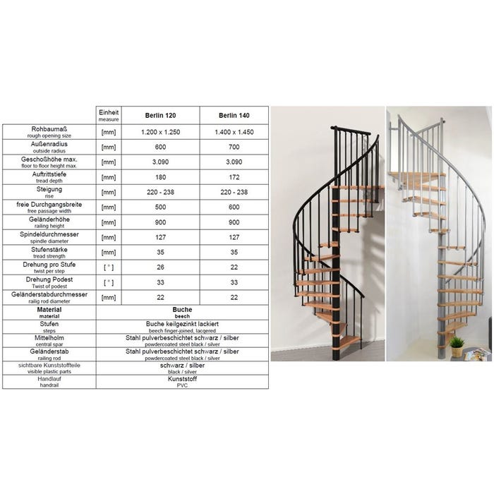 Escalier en colimaçon Cadance - diamètre 120cm - métal gris avec marches en hêtre et rampe en PVC 3