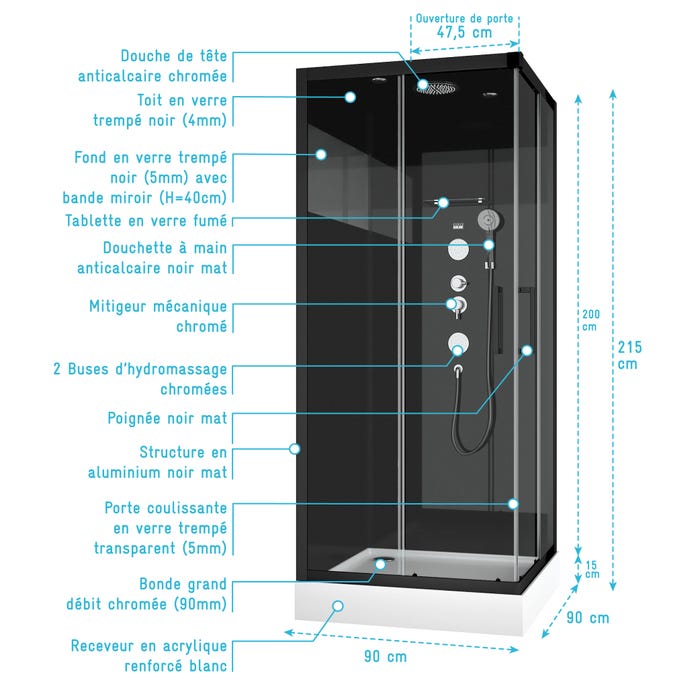 Cabine de douche Hydromassante 90x90x215 cm - Fond Noir avec Bande Miroir - WEB MIRROR 3