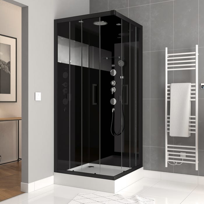 Cabine de douche Hydromassante 90x90x215 cm - Fond Noir avec Bande Miroir - WEB MIRROR 0