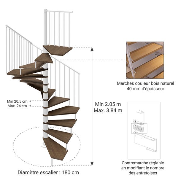 Escalier hélicoïdal 14 marches - Hauteur à franchir 2.84m à 3.36m - Diamètre 180cm - Bois et blanc - Trémie carrée - TEKLA180/BB-14 1