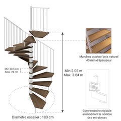 Escalier hélicoïdal 14 marches - Hauteur à franchir 2.84m à 3.36m - Diamètre 180cm - Bois et blanc - Trémie carrée - TEKLA180/BB-14 1